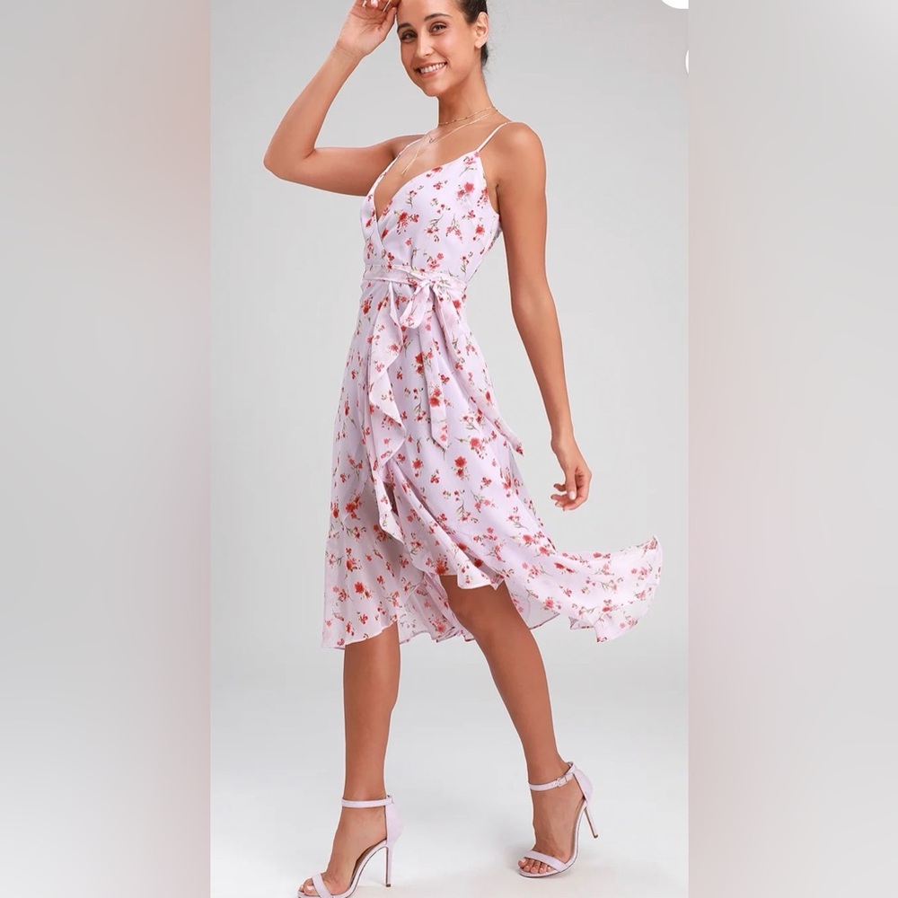 Doreen Lavender Floral Print Ruffled Wrap Midi Dress